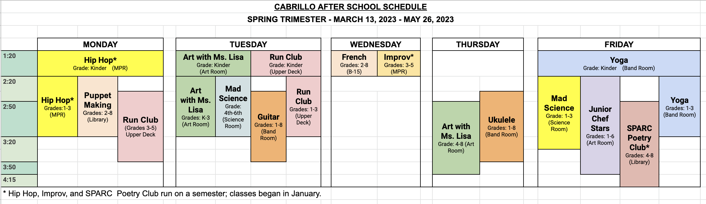 Spring 2023 ASEP Schedule Cabrillo ParentTeacher Organization