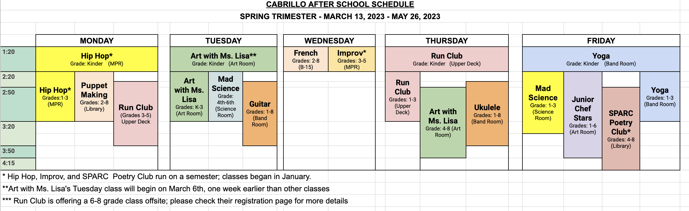 Spring ASEP Schedule 2023 Cabrillo ParentTeacher Organization