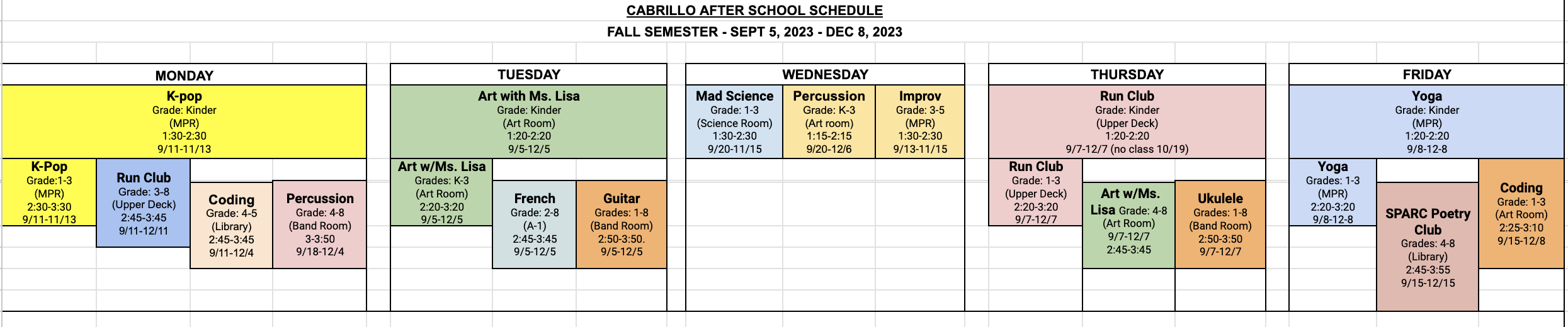 FINAL ASEP Fall 2023 Schedule Cabrillo ParentTeacher Organization